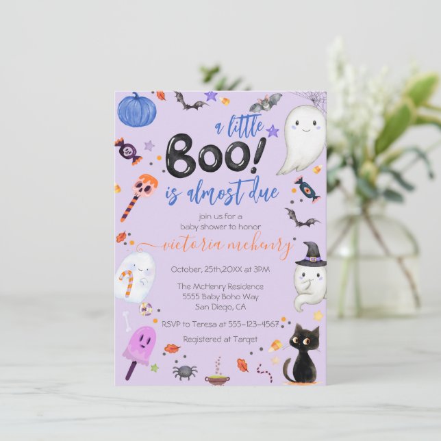 Boy Ghost Little Boo Is Due Halloween Baby Shower Invitation (Standing Front)