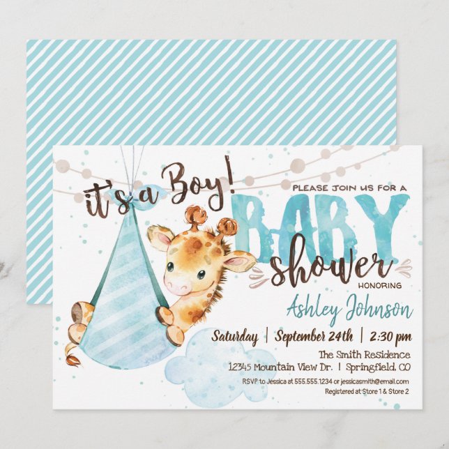 Boy Giraffe Baby Shower Invitation (Front/Back)