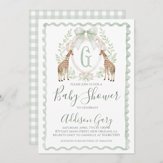 Boy Giraffe Baby Shower Preppy Sage Green Gingham Invitation (Front/Back)