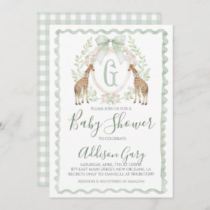 Boy Giraffe Baby Shower Preppy Sage Green Gingham Invitation