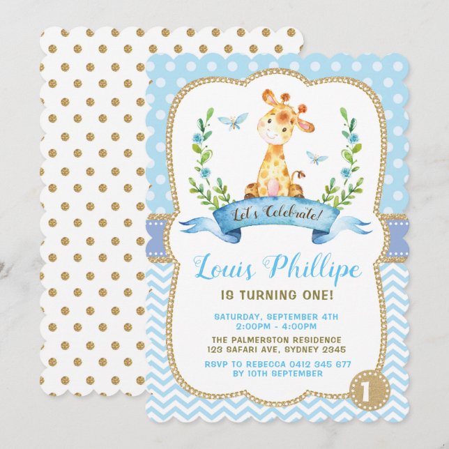 Boy Giraffe Birthday Invitation Blue & Gold Party (Front/Back)