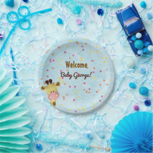 Boy Giraffe Blue Baby Shower Paper Plate