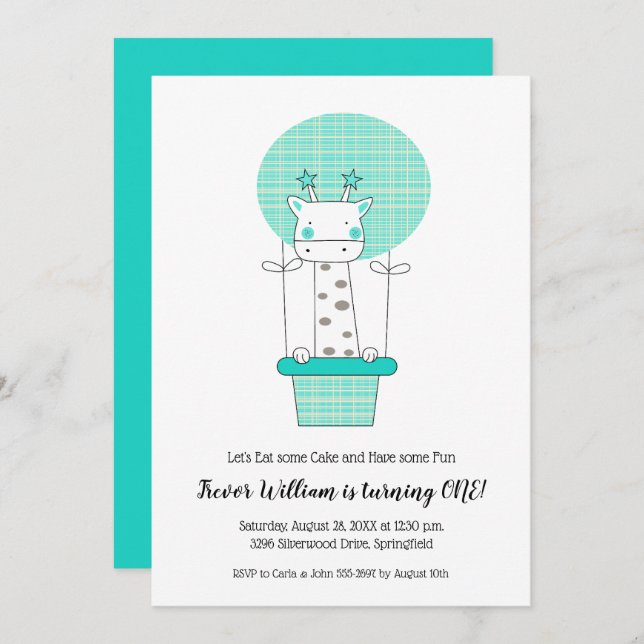 Boy Giraffe First Birthday Party Invitation (Front/Back)