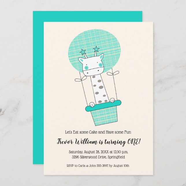 Boy Giraffe Hot Air Balloon First Birthday Party Invitation (Front/Back)