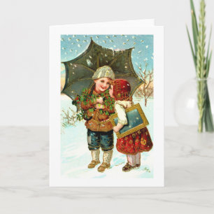 Boy, girl and umbrella holiday card