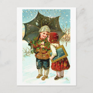 Boy, girl and umbrella postcard