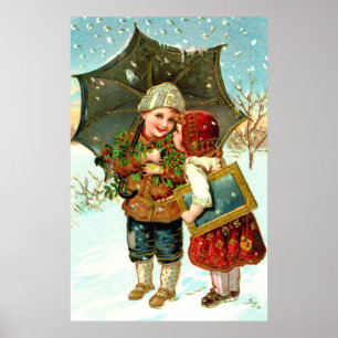 Boy, girl and umbrella poster