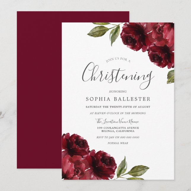 Boy Girl Burgundy Red Flowers Christening Baptism Invitation (Front/Back)