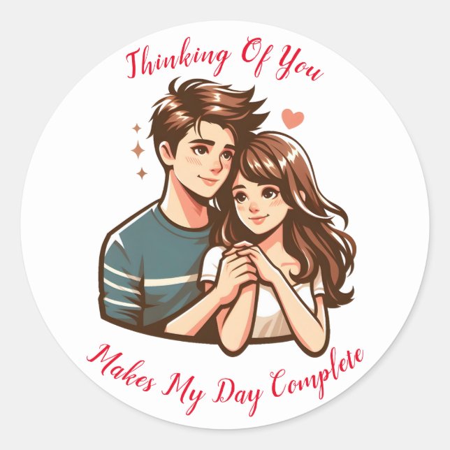 Boy & Girl Couple Thinking Of You Classic Round Sticker (Front)