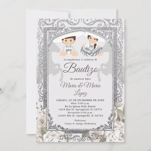 Boy Girl Fiesta Silver Charro Mexican Bautizo Invitation (Front)