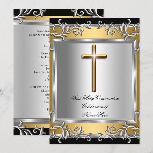 Boy Girl First Holy Communion Silver Gold 2 Invitation (Front/Back)