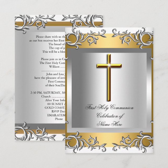 Boy Girl First Holy Communion Silver Gold Invitation (Front/Back)
