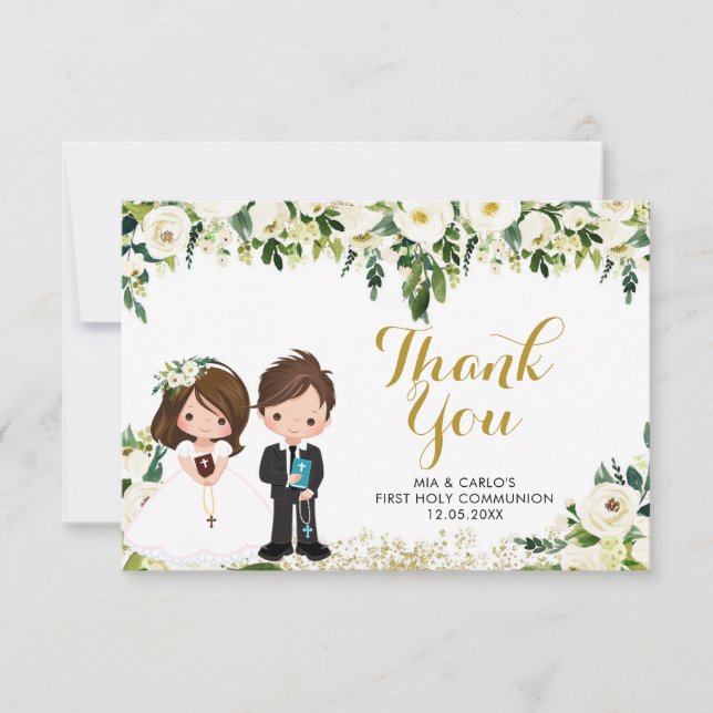 Boy Girl Floral First Communion Thank You Card (Front)