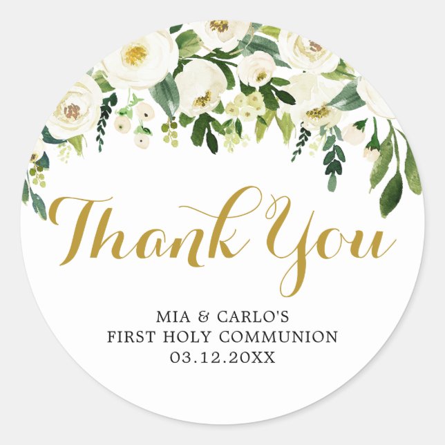 Boy Girl Floral First Communion Thank You Sticker (Front)
