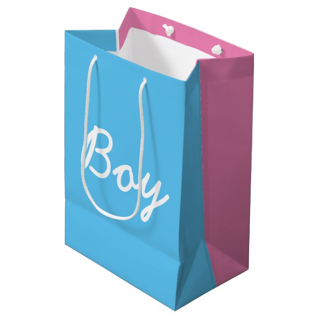 Boy girl gender reveal baby shower party pink blue medium gift bag (Front Angled)