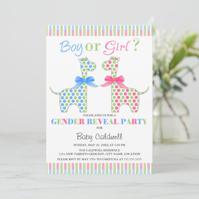 Boy Girl Giraffe Gender Reveal Party Invitation (Standing Front)