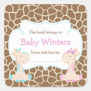 Boy & Girl Giraffe Pink & Blue Shower Bookplate Square Sticker