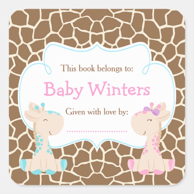 Boy & Girl Giraffe Pink & Blue Shower Bookplate Square Sticker (Front)