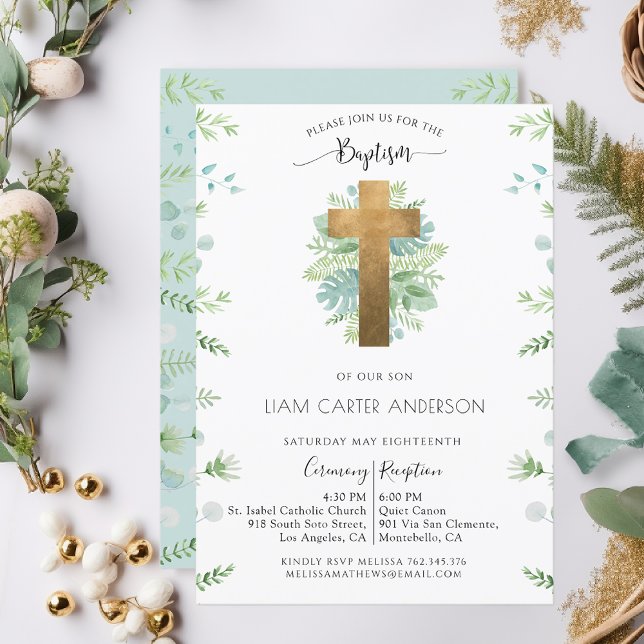 Boy/Girl Greenery Baptism Blue Mint Invitation (Creator Uploaded)