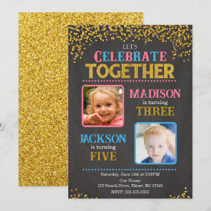 Boy Girl Joint Siblings Birthday Party Photo Invitation