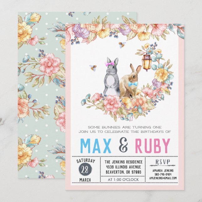 Boy & Girl Little Bunny Spring Birthday Invitation (Front/Back)