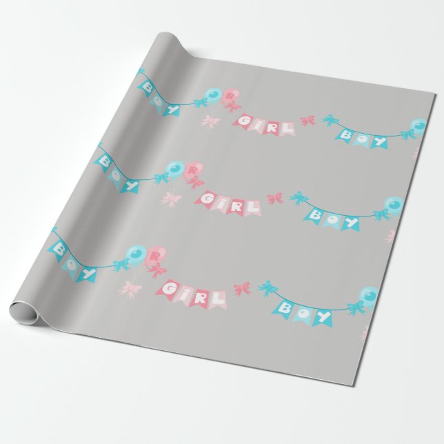 Boy Girl Pink Blue Banner Gender Reveal Party Wrapping Paper (Unrolled)