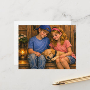 Boy, Girl & Puppy — Veterinary Clinic Postcard