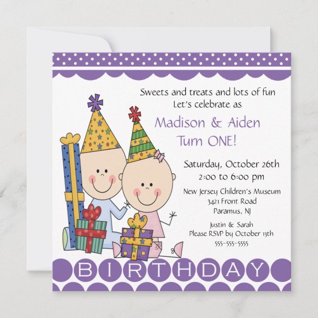 Boy & Girl Stick Figure Twins Birthday Invitation (Front)