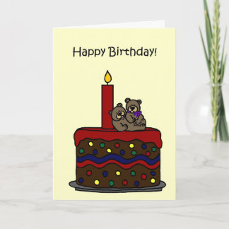 boy-girl twin bears on cake birthday card