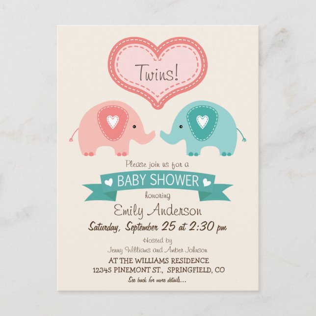 Boy & Girl Twin Pink & Teal Elephants Baby Shower Invitation Postcard (Front)