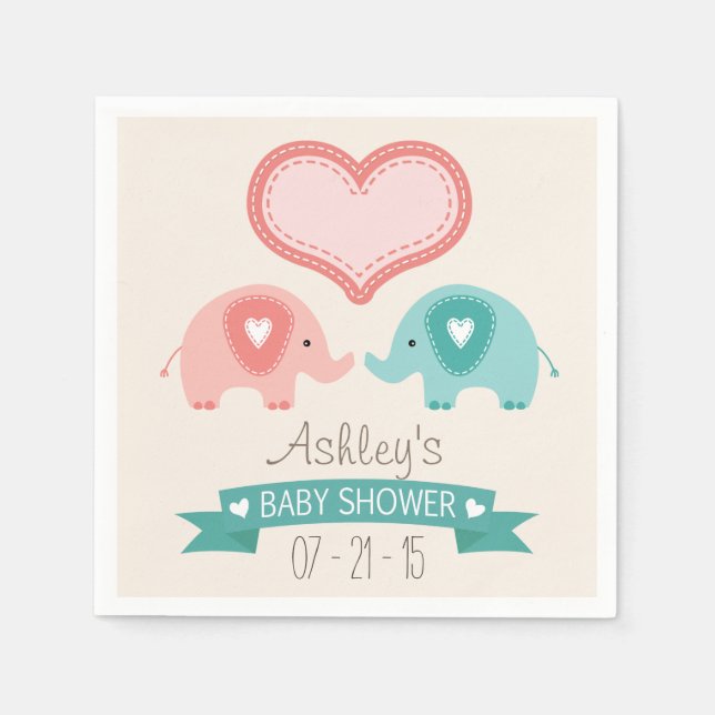 Boy & Girl Twin Pink & Teal Elephants Baby Shower Napkin (Front)