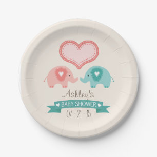 Boy & Girl Twin Pink & Teal Elephants Baby Shower Paper Plate