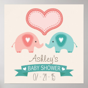Boy & Girl Twin Pink & Teal Elephants Baby Shower Poster