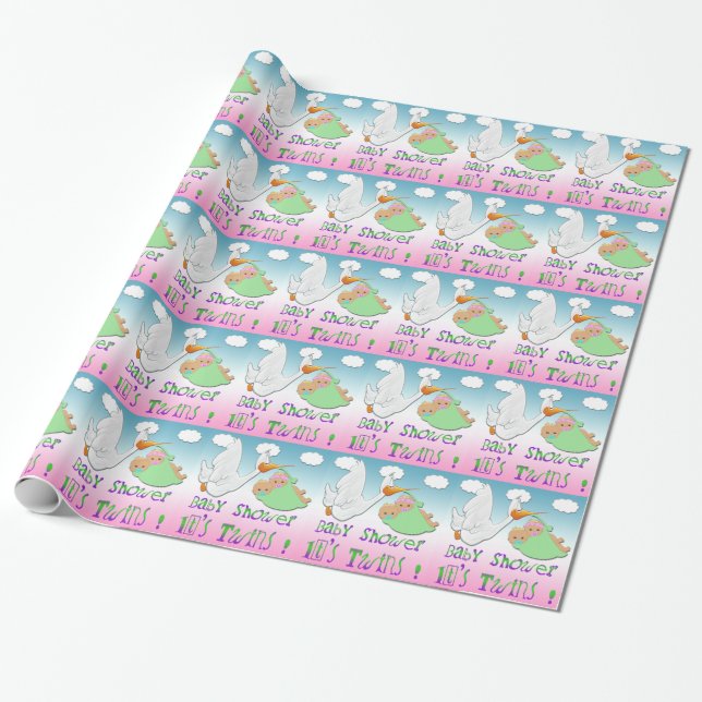 Boy & Girl Twins 2 - Stork Baby Shower Gift Wrap (Unrolled)