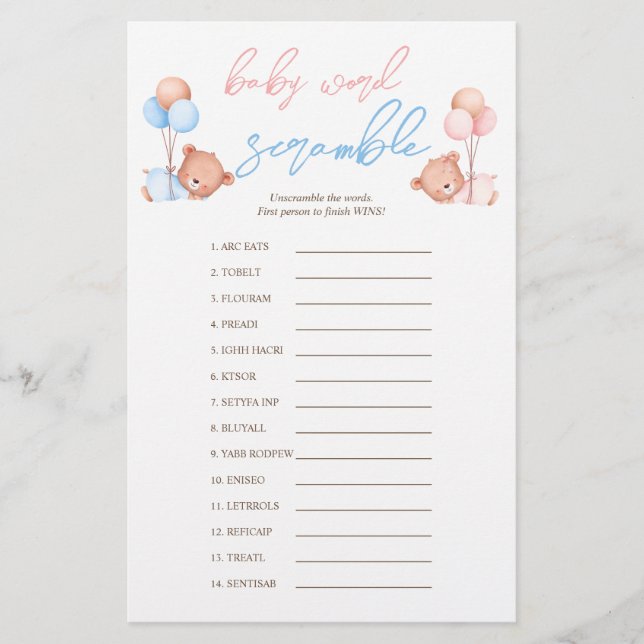 Boy Girl Twins Baby Scramble Baby Shower Game Flyer (Front)