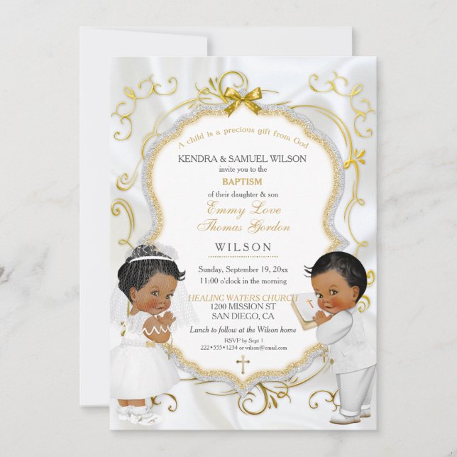 Boy & Girl Twins Baptism Communion Ethnic Invitation (Front)