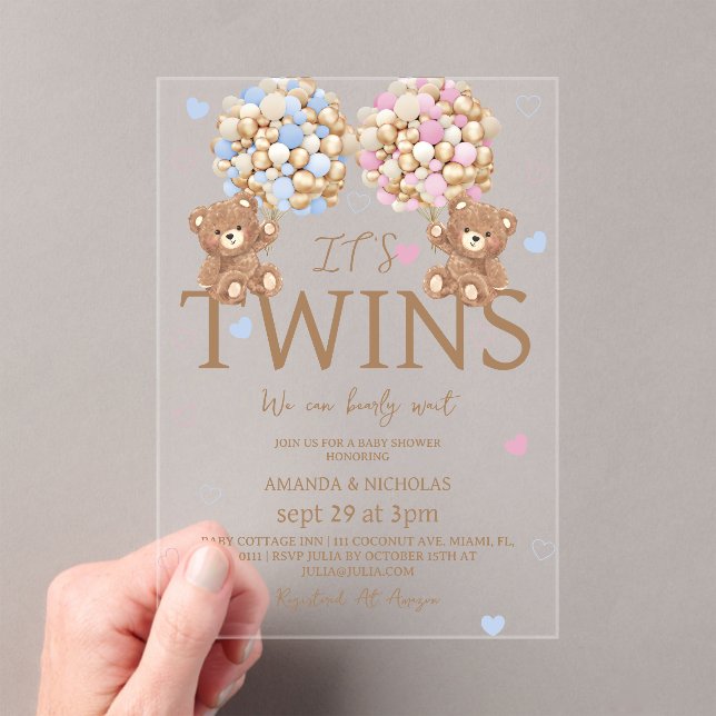 Boy Girl Twins Bear Balloons Baby Shower  Acrylic Invitations (Insitu (Handheld))