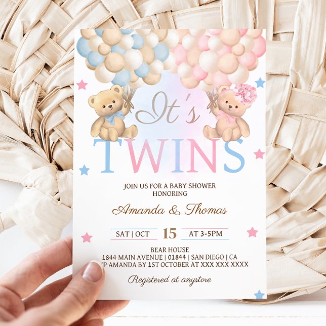 Boy Girl Twins Bear With Balloons Baby Shower Invitation (Creator Uploaded)