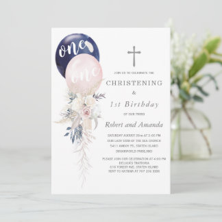 Boy Girl Twins Christening and First Birthday Invitation