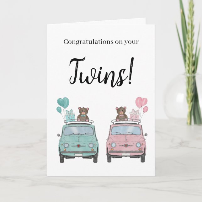 Boy/Girl Twins Fiat 500 Congratulations Card (Front)