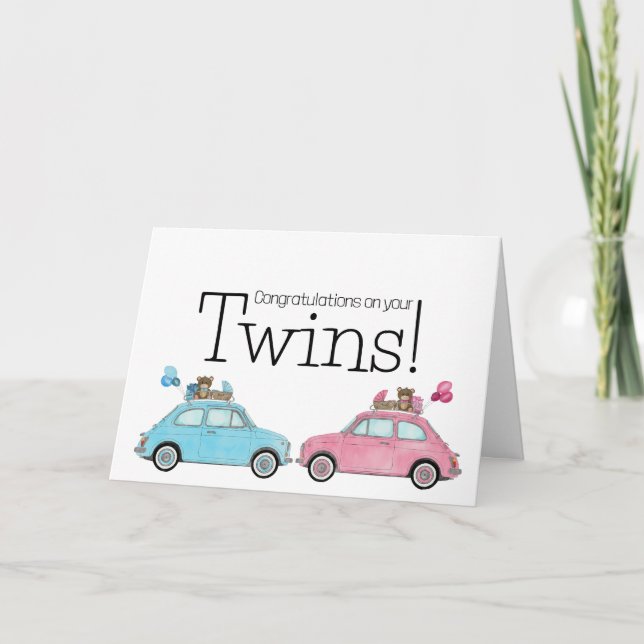 Boy/Girl Twins Fiat 500 Congratulations Card (Front)