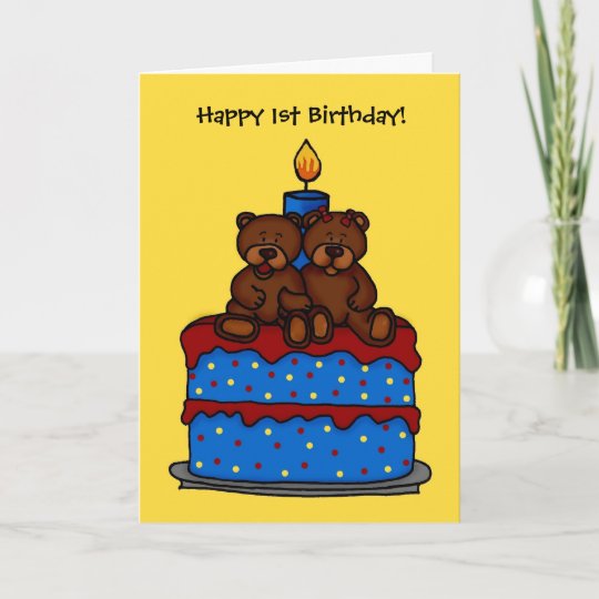 Boy Girl Twins On 1st Birthday Cake Card Zazzle Co Uk