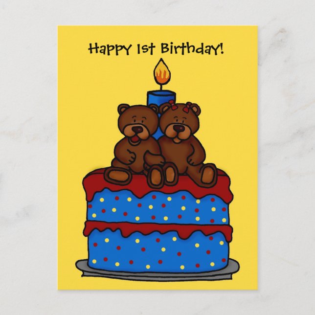 boy-girl twins on 1st birthday cake postcard (Front)