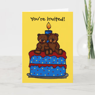 boy-girl twins on birthday cake invitation card
