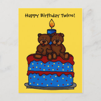 boy-girl twins on birthday cake postcard