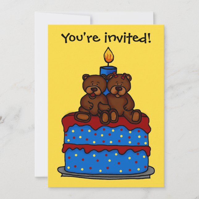 boy-girl twins on cake birthday party invitation (Front)