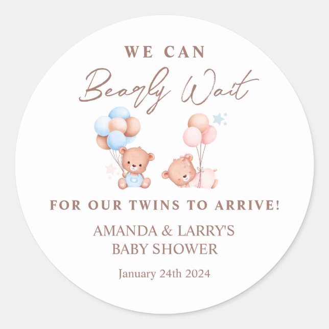 Boy Girl Twins Teddy Bear Baby Shower Classic Round Sticker (Front)
