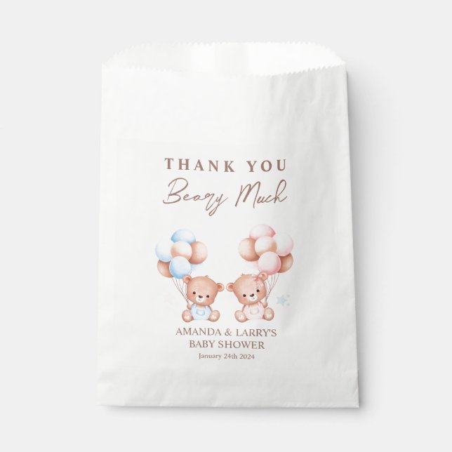 Boy Girl Twins Teddy Bear Baby Shower Favour Bags (Front)