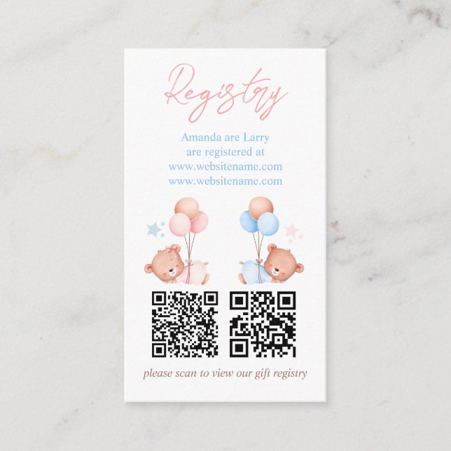 Boy Girl Twins Teddy Bear Baby Shower Registry Enclosure Card (Front)