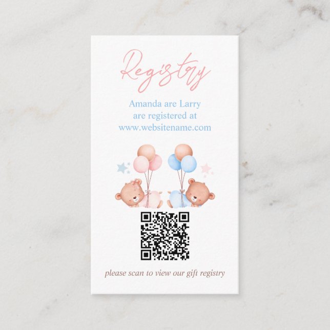 Boy Girl Twins Teddy Bear Baby Shower Registry Enclosure Card (Front)